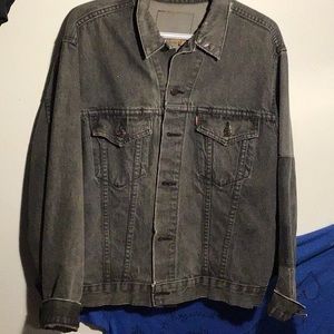 oversized, distressed dark wash jean jacket